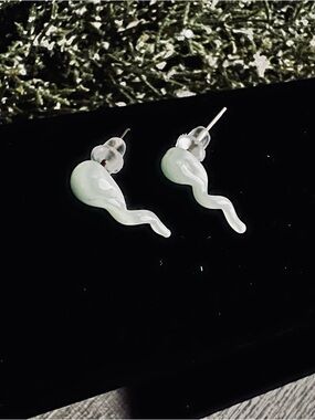New! Vintage Handmade Light Green Glass Sperm Stud Novelty Earrings